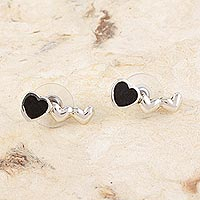 Sterling silver button earrings, 'Heart Echo' - Three-Hearted Button Earrings in Sterling Silver and Wood