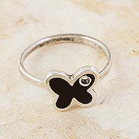 Sterling silver cocktail ring, 'Black Butterfly' - Pierced Parota Wood Butterfly Sterling Silver Cocktail Ring