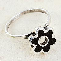 Sterling silver cocktail ring, 'Midnight Flower Power' - Parota Wood Flower Cocktail Ring in Sterling Silver