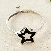 Sterling silver cocktail ring, 'Mexican Night Star' - Sterling Silver with Black Inlaid Wood Star Cocktail Ring