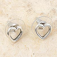 Sterling silver stud earrings, 'Classic Hearts' - Heart Outline Button Earrings in 925 Sterling Silver