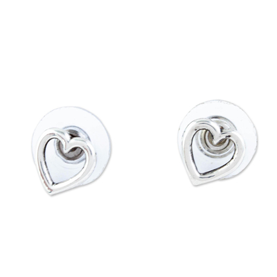 Heart Outline Button Earrings in 925 Sterling Silver
