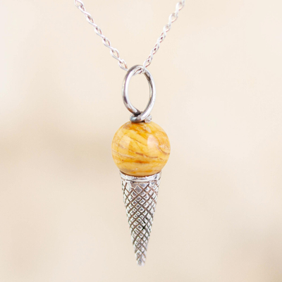 Crystal pendant necklace, 'Pecan Ice Cream' - Sterling Silver Ice-Cream Cone Pendant Necklace from Mexico