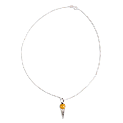 Crystal pendant necklace, 'Pecan Ice Cream' - Sterling Silver Ice-Cream Cone Pendant Necklace from Mexico