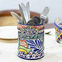 Ceramic utensils holder, 'Colonial Guanajuato' - Hand Painted Ceramic Utensils Container from Mexico