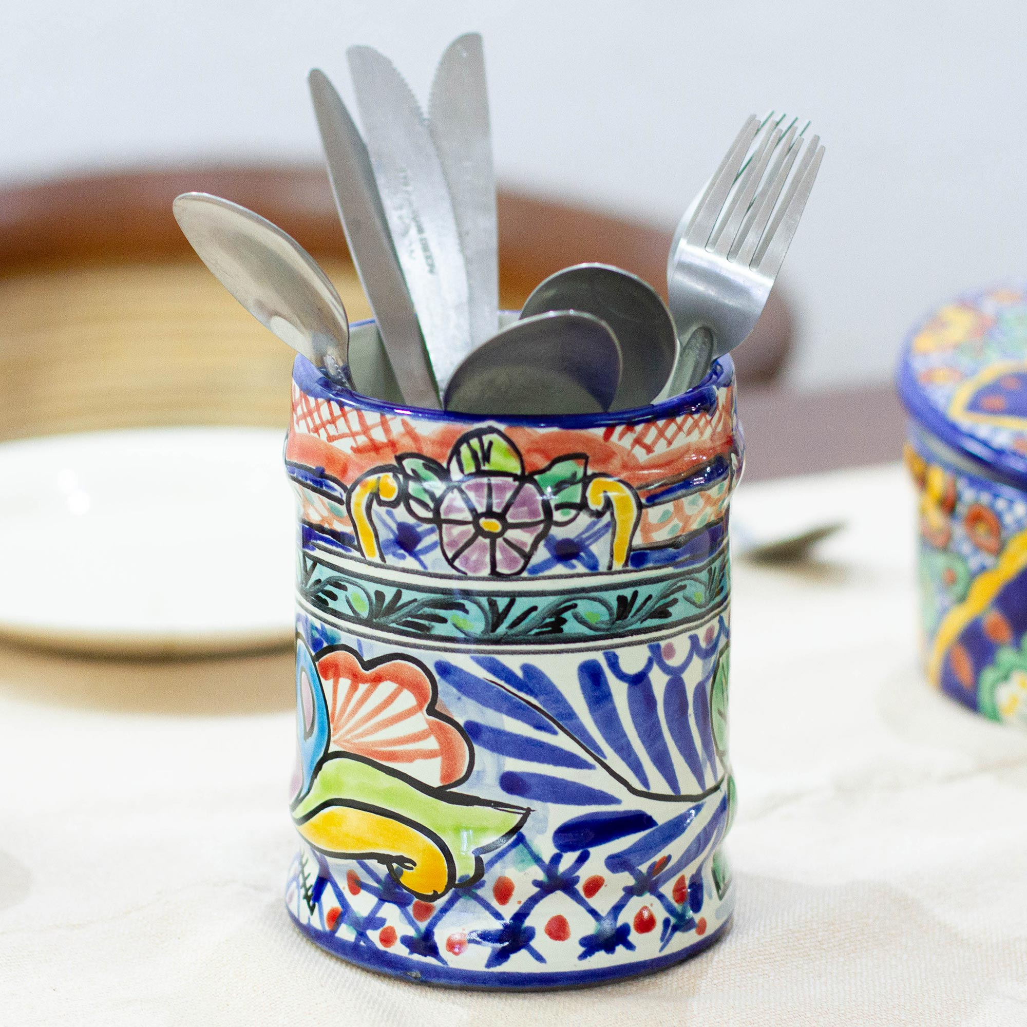 Blue White Talavera Porcelain Utensil Holder Canister Jar w Wooden Utensils  New