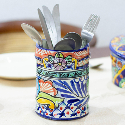 Ceramic utensils holder, 'Colonial Guanajuato' - Hand Painted Ceramic Utensils Container from Mexico