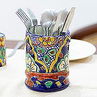 Ceramic utensils holder, 'Hidalgo Fiesta' - Hand Painted Ceramic Silverware Container from Mexico