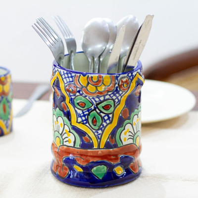 Hand Painted Ceramic Silverware Container from Mexico - Hidalgo Fiesta
