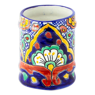 Hand Painted Ceramic Silverware Container from Mexico - Hidalgo Fiesta