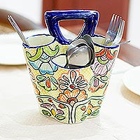 Servidor de cubiertos de cerámica, 'Sunny Colonial Cutlery' - Soporte de cubiertos de tres secciones multicolor de México