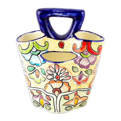 Servidor de cubiertos de cerámica, 'Sunny Colonial Cutlery' - Soporte para cubiertos de tres secciones multicolor de México