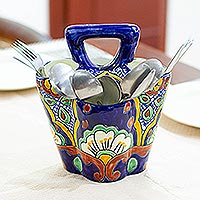 Ceramic silverware server, 'Hidalgo Fiesta' - Multicolored Three-Sectioned Silverware Holder from Mexico