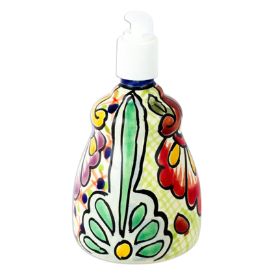 Ceramic liquid soap dispenser, 'Hidalgo Bouquet' - Multicolored Talavera-Style Ceramic Soap Pump from Mexico