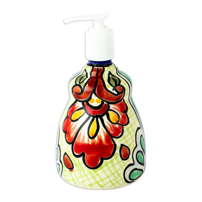 Ceramic soap dispenser, 'Festive Guanajuato' - Multicoloured Talavera-Style Ceramic Soap Pump from Mexico