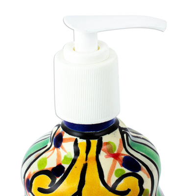 Ceramic liquid soap dispenser, 'Hidalgo Bouquet' - Multicolored Talavera-Style Ceramic Soap Pump from Mexico