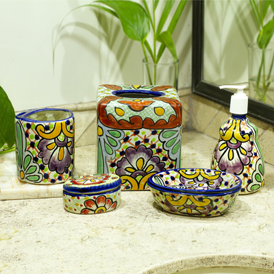 Ceramic soap dispenser, 'Festive Guanajuato' - Multicoloured Talavera-Style Ceramic Soap Pump from Mexico