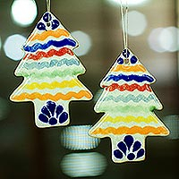 Ceramic ornaments, 'Puebla Christmas Pines' (pair) - Ceramic Holiday Ornaments with Christmas Tree Motif (Pair)