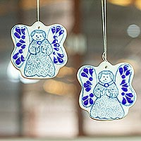 Ceramic ornaments, 'Puebla Angels' (pair) - Talavera-Inspired Ceramic  Angel Ornaments (Pair)