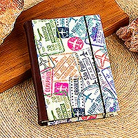 Leather trimmed recycled paper journal, 'Passport Stamps' - Recycled Paper Handmade Journal with Passport Stamps