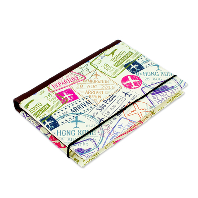 Leather trimmed recycled paper journal, 'Passport Stamps' - Recycled Paper Handmade Journal with Passport Stamps