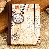 Leather trimmed recycled paper journal, 'Time Flies' - Recycled Paper Handmade Journal with Travel Motifs