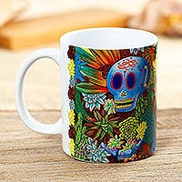 Ceramic mug, 'Death to Life' - Printed Painting Ceramic Coffee Cup with Blue Skull Image
