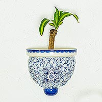 Ceramic wall planter, 'Blue Bell with Swallows' - Blue Talavera-Inspired Wall Mounted Planter from Mexico