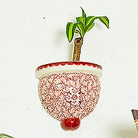 Ceramic wall planter, 'Red Bell with Swallows' - Red Talavera-Inspired Wall Mounted Planter from Mexico