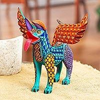 Alebrije sculpture, 'Dante's Dog' - Multicolored Winged Dog Alebrije from Oaxaca Mexico
