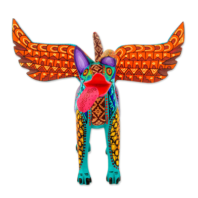 Alebrije sculpture, 'Dante's Dog' - Multicoloured Winged Dog Alebrije from Oaxaca Mexico
