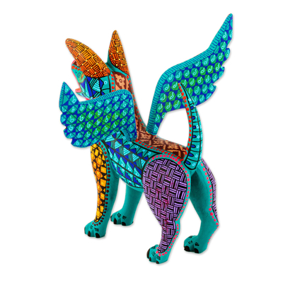 Alebrije-Skulptur, 'Dantes Hund' - Mehrfarbiger geflügelter Hund Alebrije aus Oaxaca Mexiko