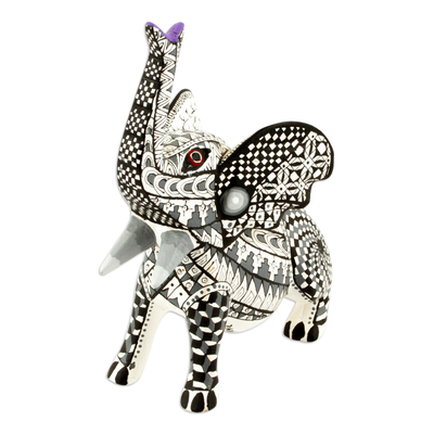 Alebrije sculpture, 'Oaxaca Elephant' - Black White and Green Alebrije Elephant from Oaxaca