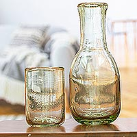 Handblown carafe and glass, 'Cheers' (2 pieces) - 2-Piece Set of Recycled Glass Handblown Carafe and Glass
