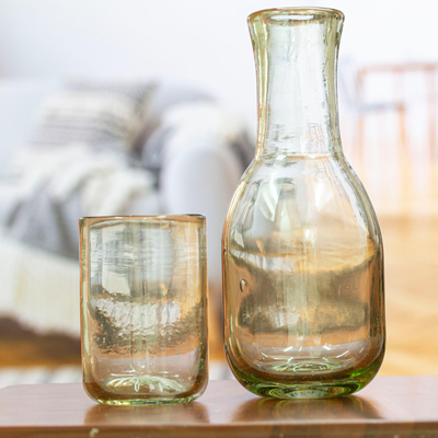 Handblown carafe and glass, 'Cheers' (2 pieces) - 2-piece Set of Recycled Glass Handblown Carafe and Glass