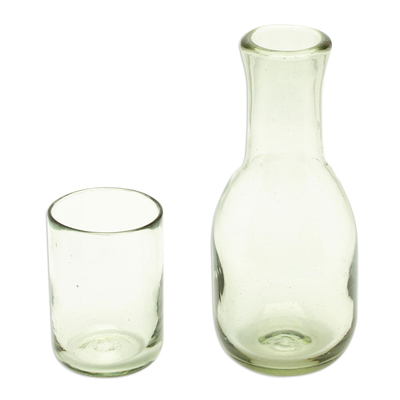 2-Piece Set of Recycled Glass Handblown Carafe and Glass, 'Cheers