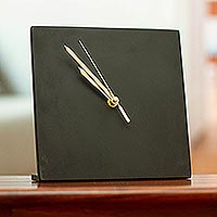 Marble tabletop clock, 'Midnight Hours' - Black Marble Tabletop Analog Clock from Mexico