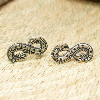 Sterling silver button earrings, 'Feathered Snake' - Quetzalcoatl Inspired Sterling Silver Button Earrings