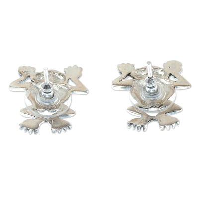 Sterling silver button earrings, 'Ceneotl' - Ceneotl Frog Inspired Sterling Silver Button Earrings