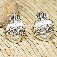 Sterling silver button earrings, 'Grateful Hearts' - Heart of Jesus Sterling Silver Button Earrings from Mexico
