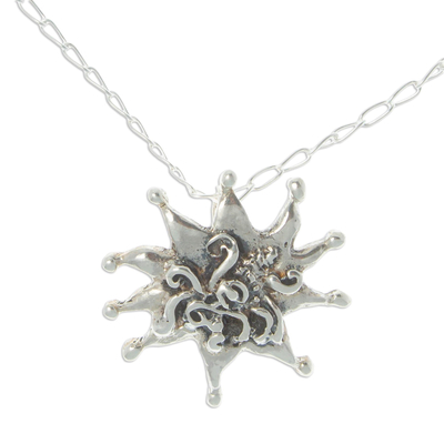 Sterling silver pendant necklace, 'Aztec Medusa' - Sterling Silver Pendant Necklace with Sun and Medusa Motifs