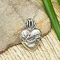 Sterling silver pendant necklace, 'Grateful Heart' - Heart of Jesus Sterling Silver Pendant Necklace from Mexico