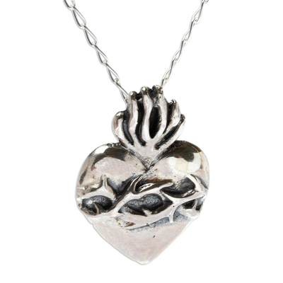 Sterling silver pendant necklace, 'Blessed Heart' - Heart of Jesus Sterling Silver Pendant Necklace from Mexico