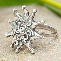 Sterling silver cocktail ring, 'Aztec Medusa' - Sterling Silver Cocktail Ring with Sun and Medusa Motifs