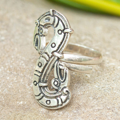 Sterling silver cocktail ring, 'Feathered Snake' - Quetzalcoatl Inspired Sterling Silver Cocktail Ring
