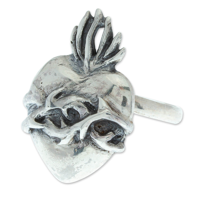 Sterling silver cocktail ring, 'Grateful Heart' - Heart of Jesus Sterling Silver Cocktail Ring from Mexico