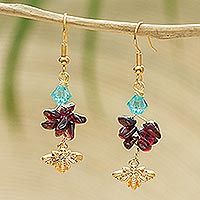 Garnet dangle earrings, 'Pomegranate Bees' - Bee-Themed 14K Gold Plated Dangle Earrings with Garnets