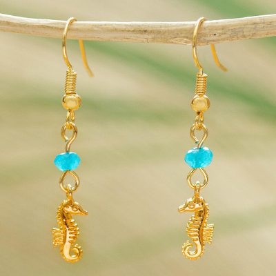 Agate dangle earrings, 'Baby Seahorse' - 14K Gold Plated Seahorse Earrings with Agate Beads