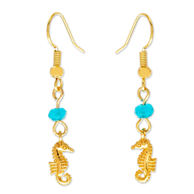 Agate dangle earrings, 'Baby Seahorse' - 14K Gold Plated Seahorse Earrings with Agate Beads