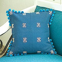 Cotton cushion cover, 'Blue Tide' - Blue Cotton Cushion Cover with Pompoms Handloomed in Mexico